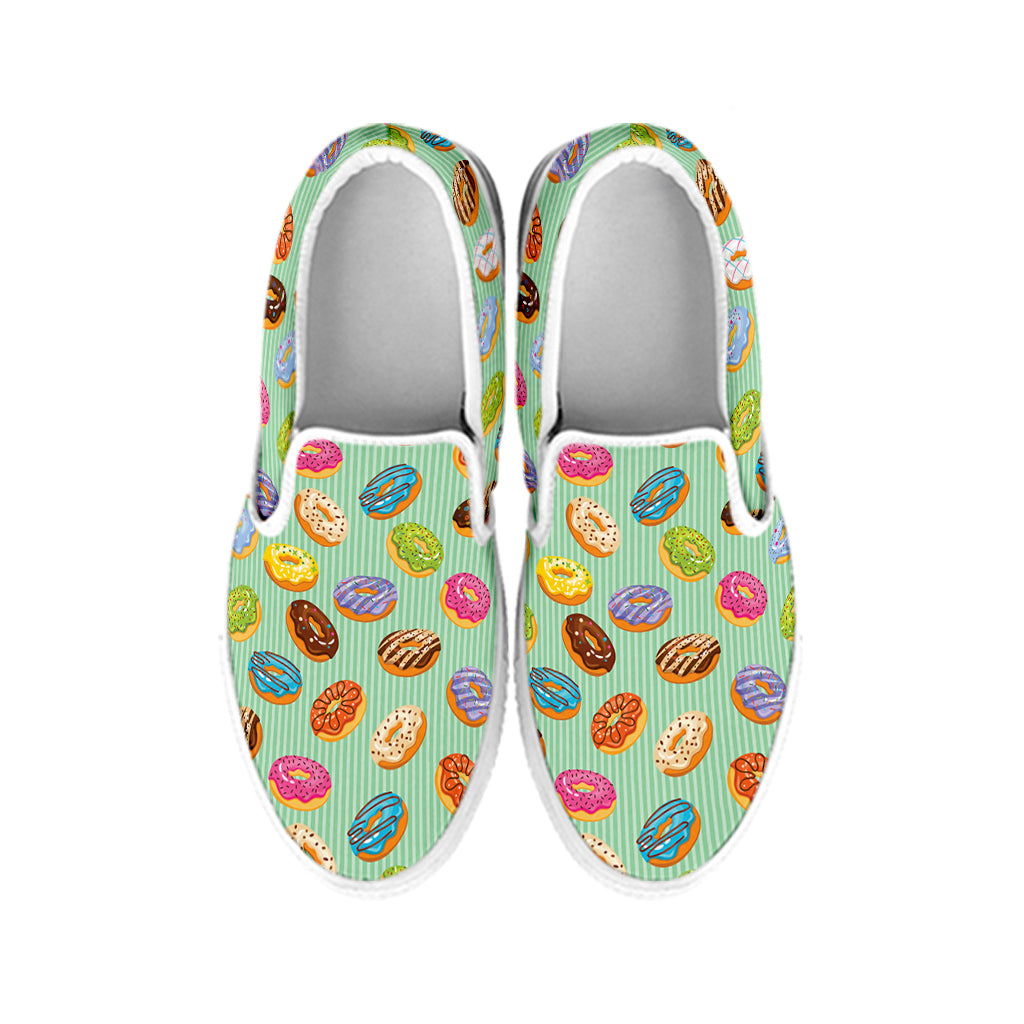 Green Striped Donut Pattern Print White Slip On Shoes