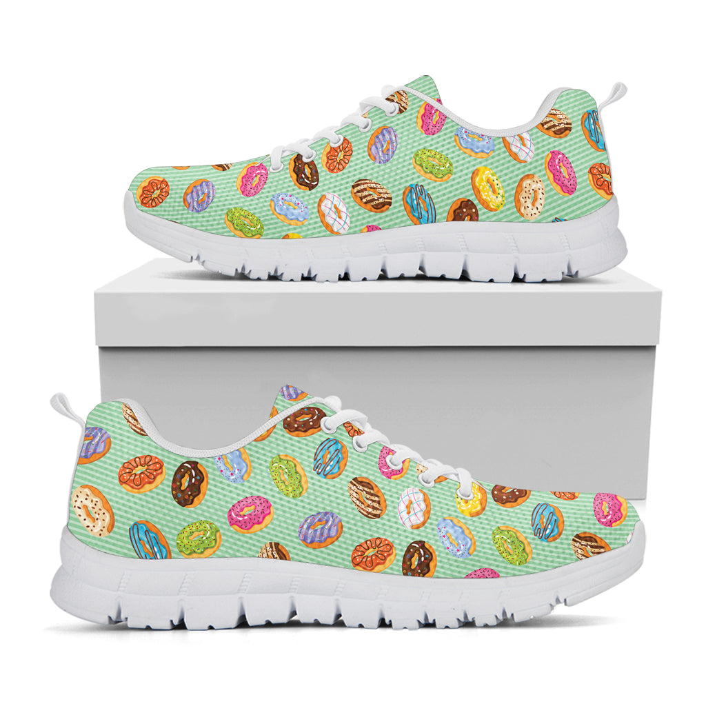 Green Striped Donut Pattern Print White Sneakers