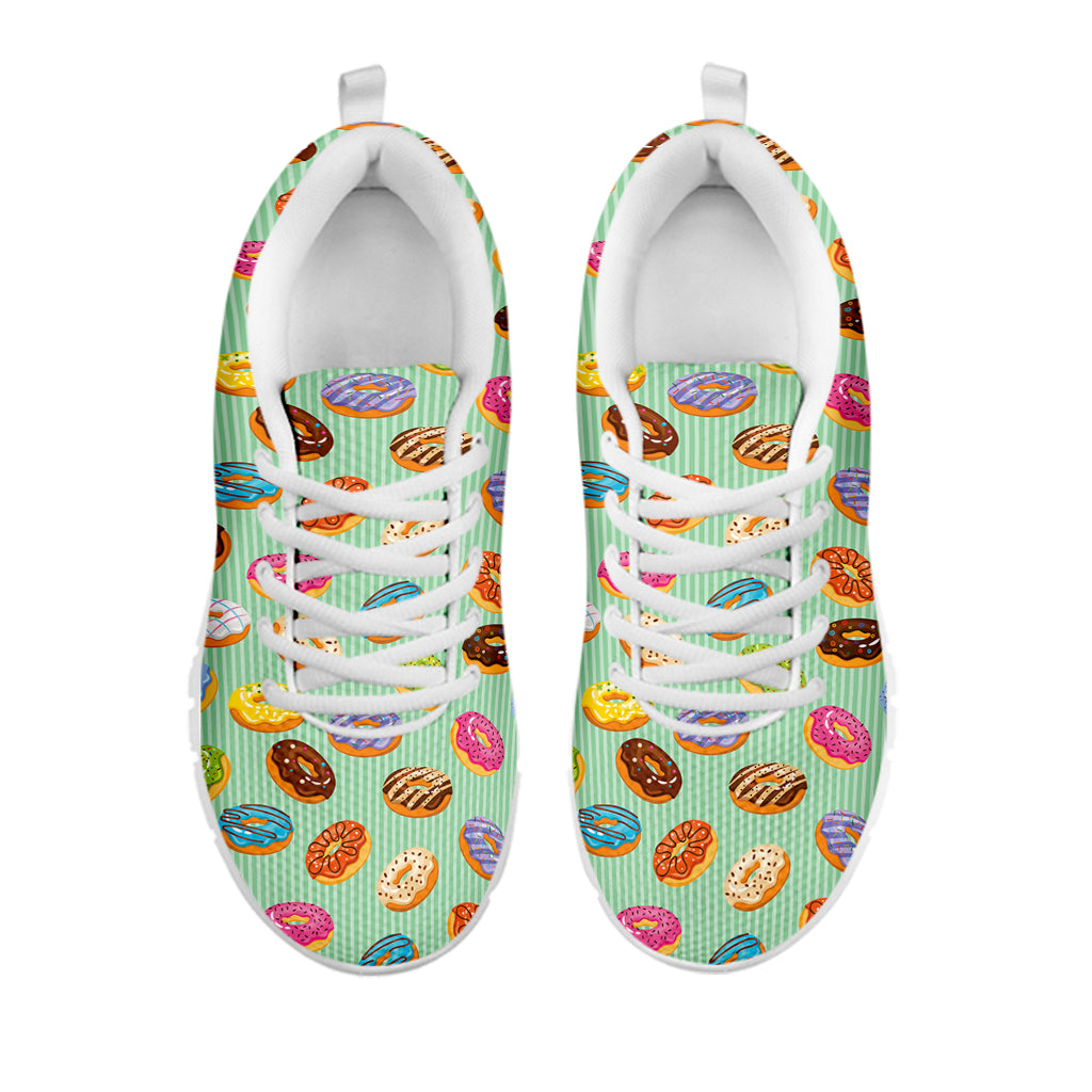 Green Striped Donut Pattern Print White Sneakers