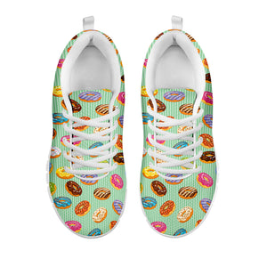 Green Striped Donut Pattern Print White Sneakers