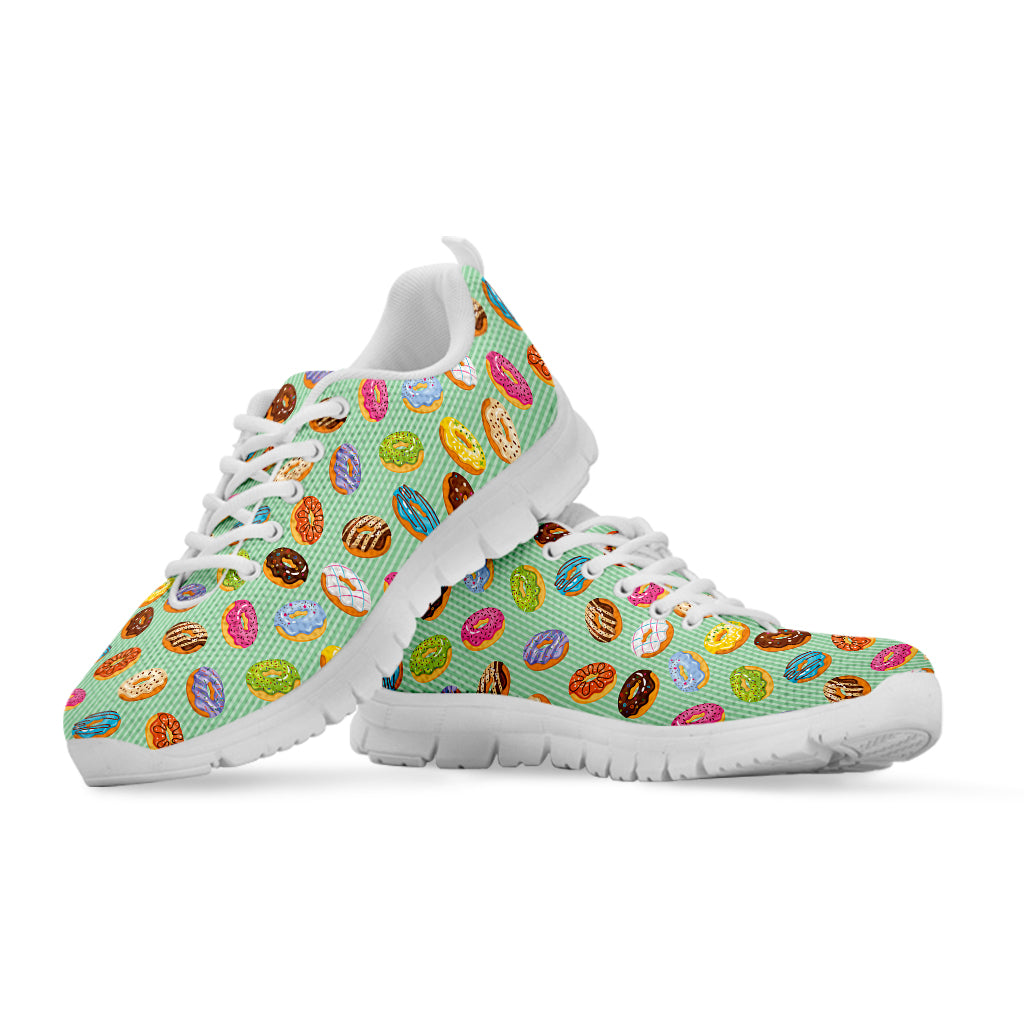 Green Striped Donut Pattern Print White Sneakers