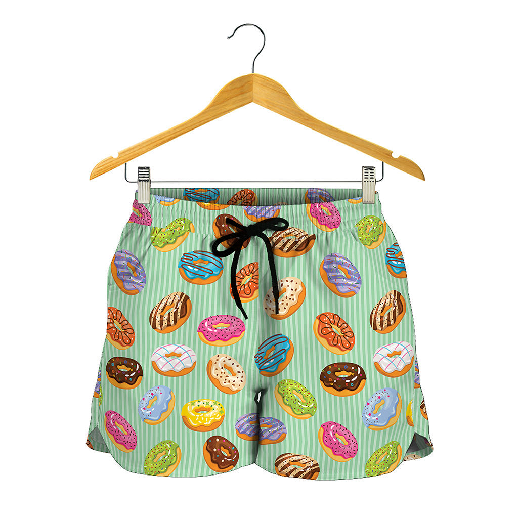 Green Striped Donut Pattern Print Women's Shorts