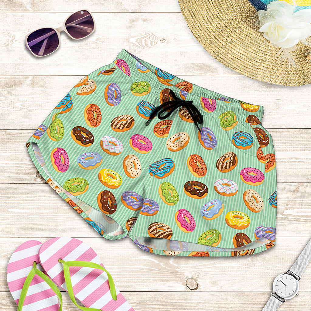 Green Striped Donut Pattern Print Women's Shorts