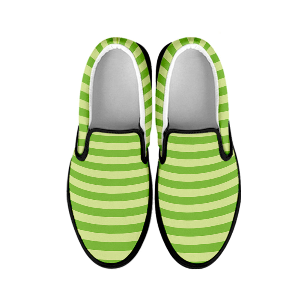 Green Striped Pattern Print Black Slip On Shoes