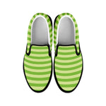Green Striped Pattern Print Black Slip On Shoes