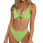 Green Striped Pattern Print Front Bow Tie Bikini
