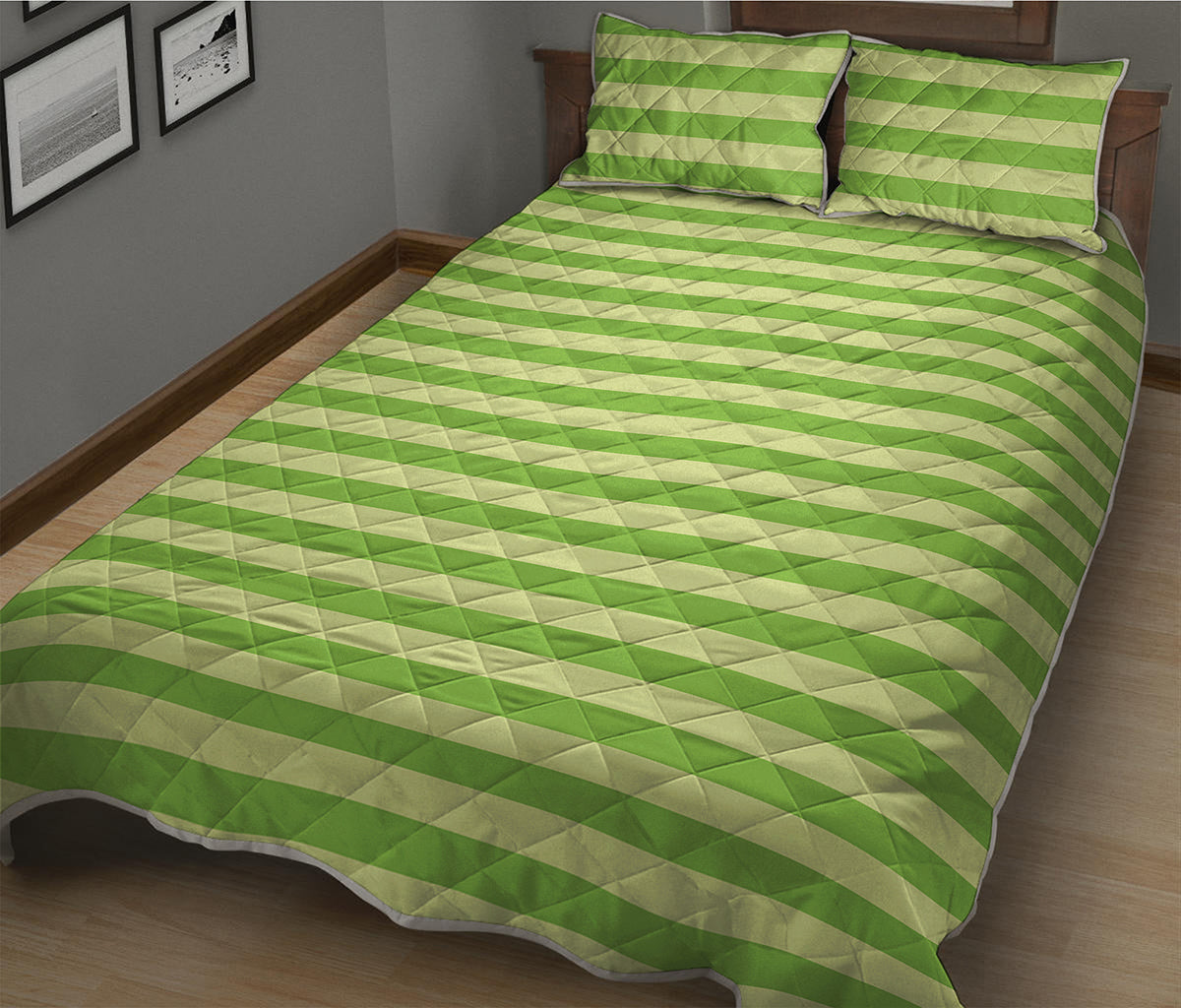 Green Striped Pattern Print Quilt Bed Set