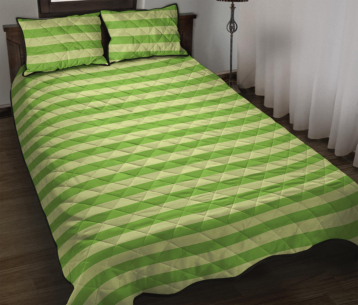 Green Striped Pattern Print Quilt Bed Set