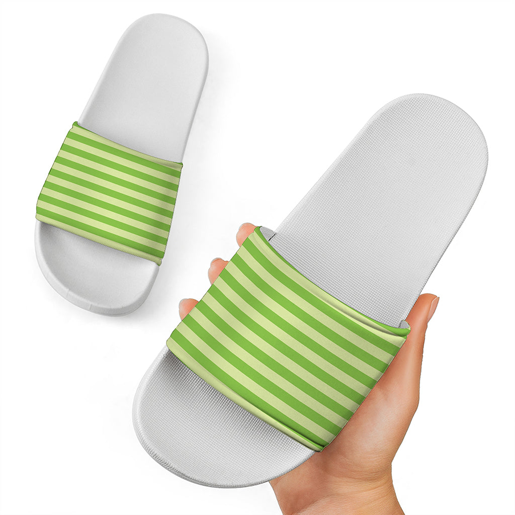 Green Striped Pattern Print White Slide Sandals