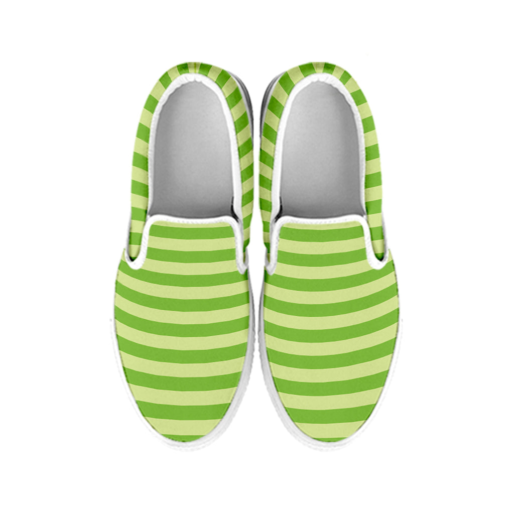 Green Striped Pattern Print White Slip On Shoes