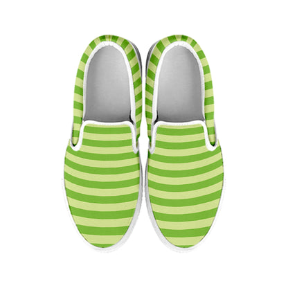 Green Striped Pattern Print White Slip On Shoes