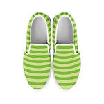 Green Striped Pattern Print White Slip On Shoes
