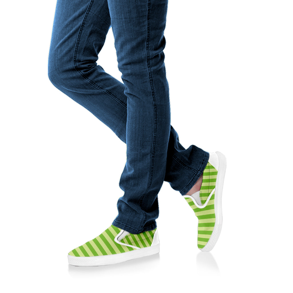 Green Striped Pattern Print White Slip On Shoes