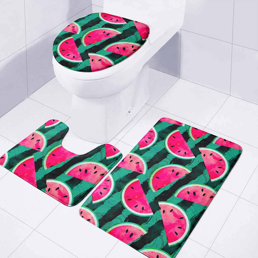Green Striped Watermelon Pattern Print 3 Piece Bath Mat Set