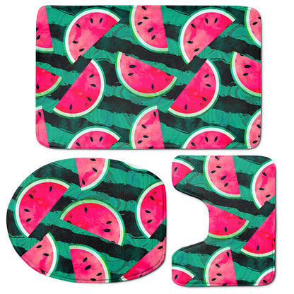 Green Striped Watermelon Pattern Print 3 Piece Bath Mat Set