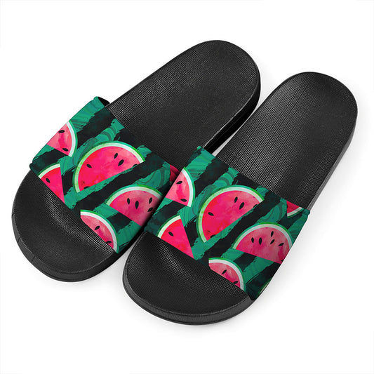 Green Striped Watermelon Pattern Print Black Slide Sandals