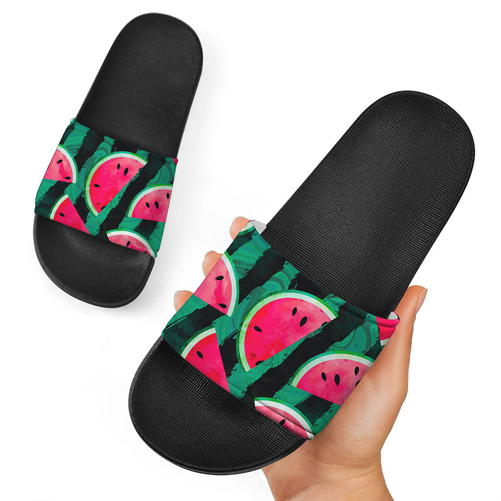 Green Striped Watermelon Pattern Print Black Slide Sandals