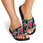 Green Striped Watermelon Pattern Print Black Slide Sandals