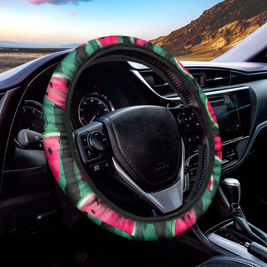 Green Striped Watermelon Pattern Print Car Steering Wheel Cover