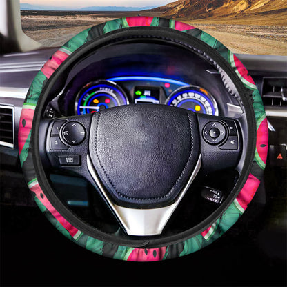 Green Striped Watermelon Pattern Print Car Steering Wheel Cover