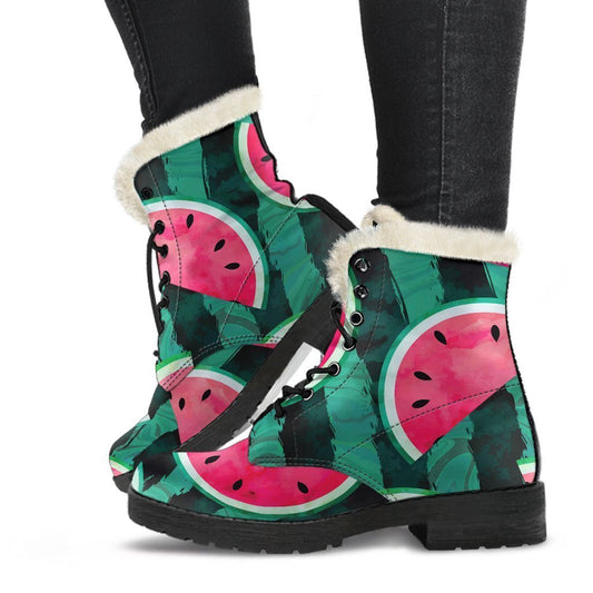 Green Striped Watermelon Pattern Print Comfy Boots GearFrost
