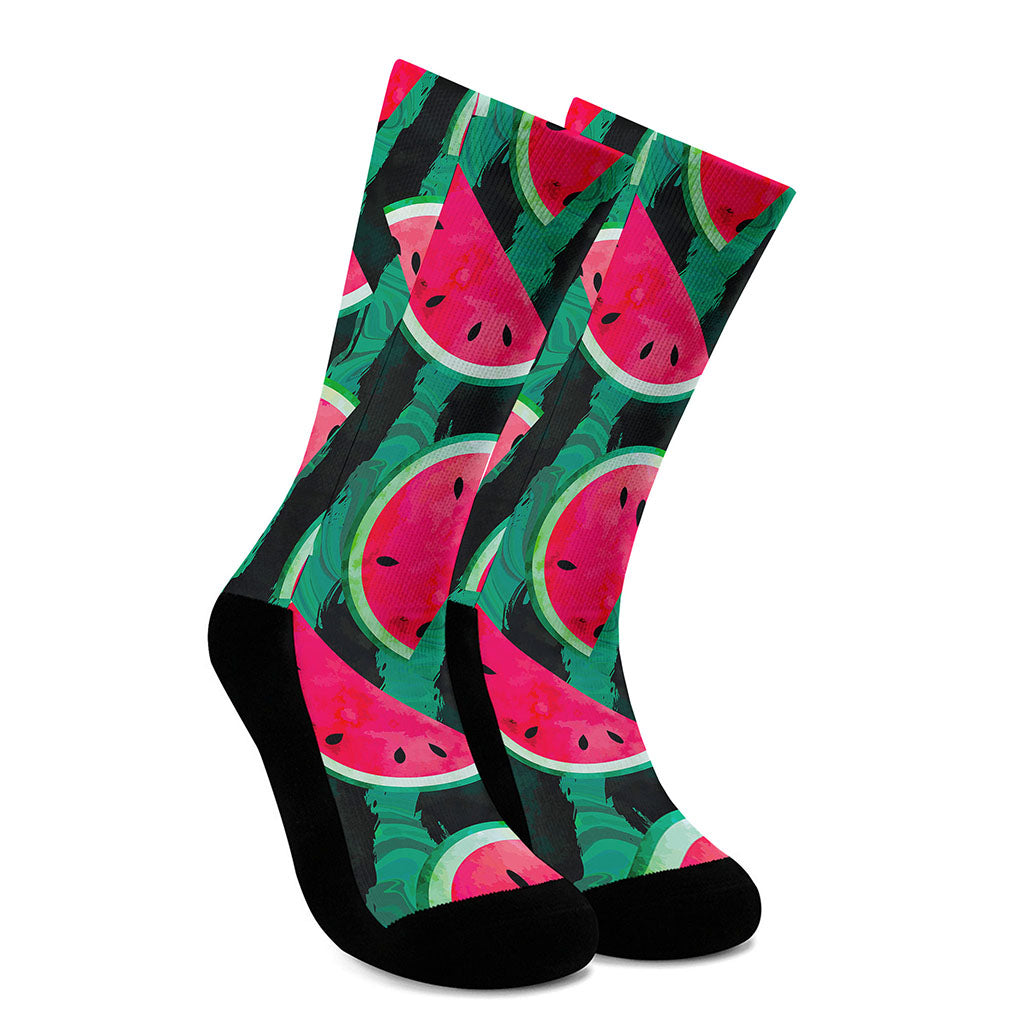 Green Striped Watermelon Pattern Print Crew Socks