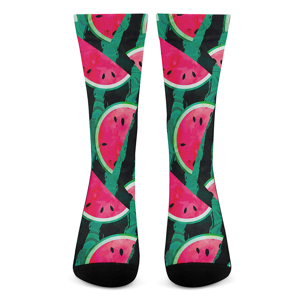 Green Striped Watermelon Pattern Print Crew Socks