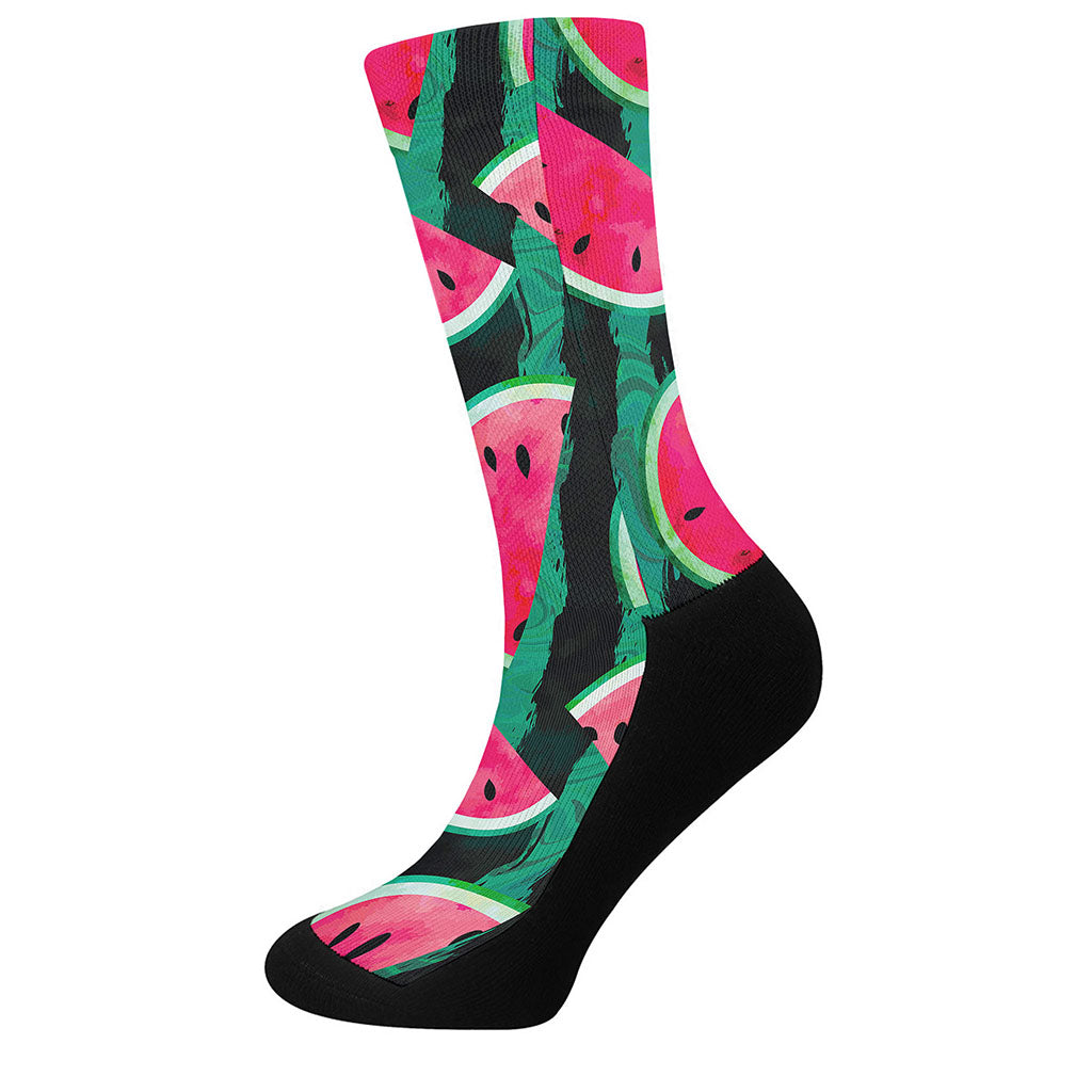 Green Striped Watermelon Pattern Print Crew Socks