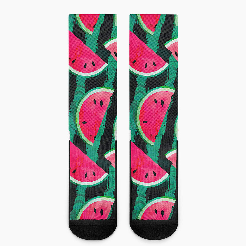 Green Striped Watermelon Pattern Print Crew Socks