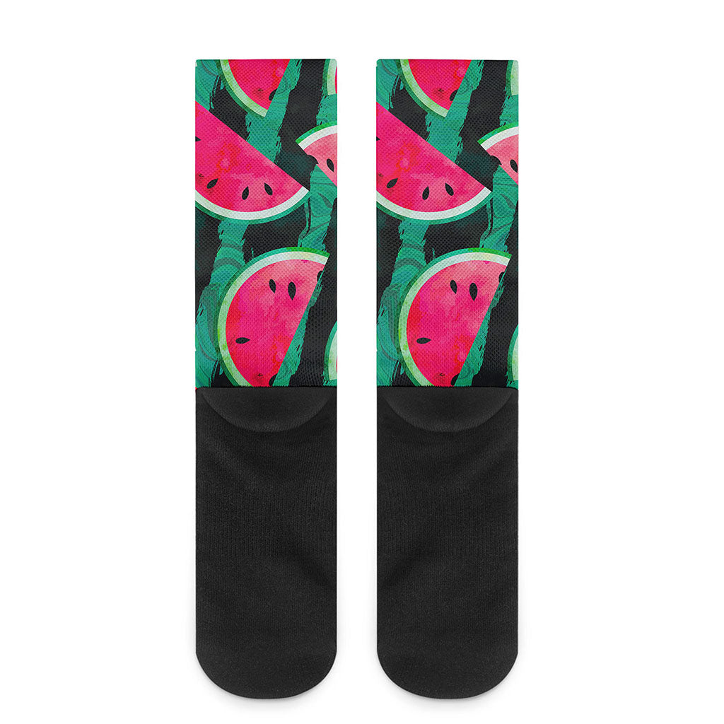 Green Striped Watermelon Pattern Print Crew Socks