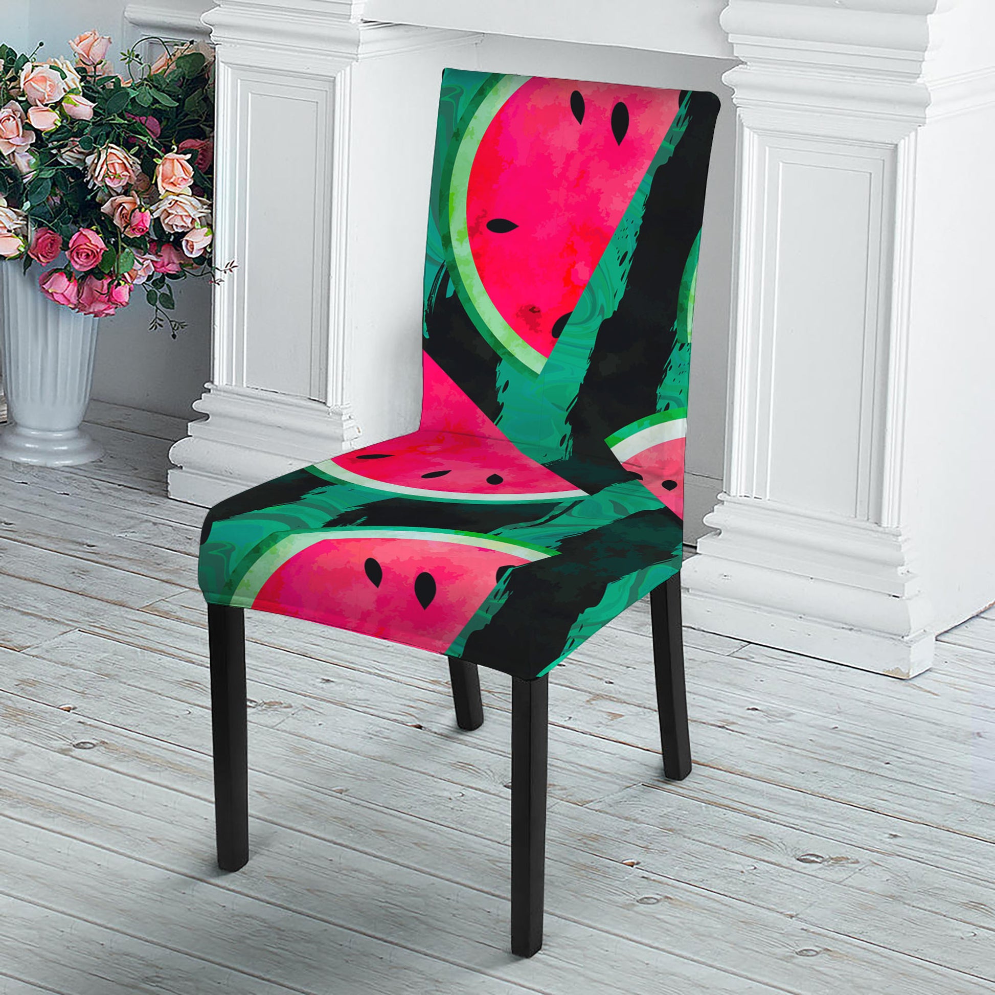 Green Striped Watermelon Pattern Print Dining Chair Slipcover