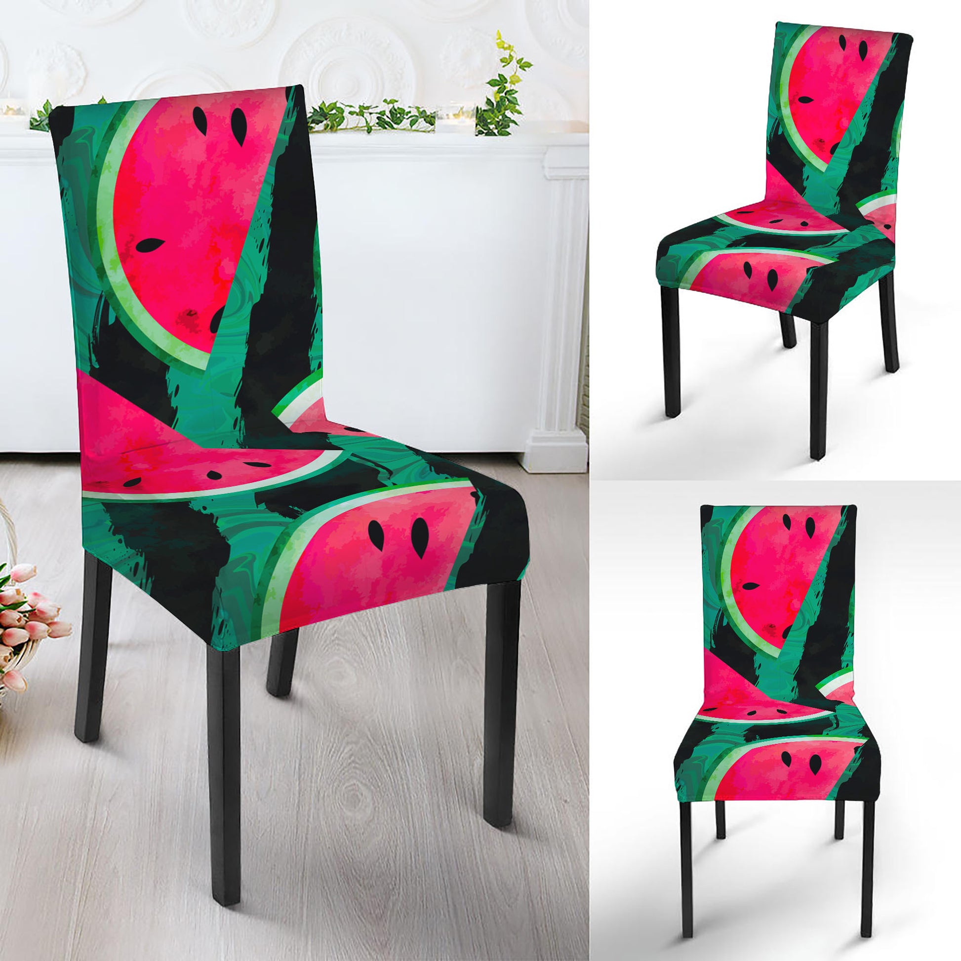 Green Striped Watermelon Pattern Print Dining Chair Slipcover