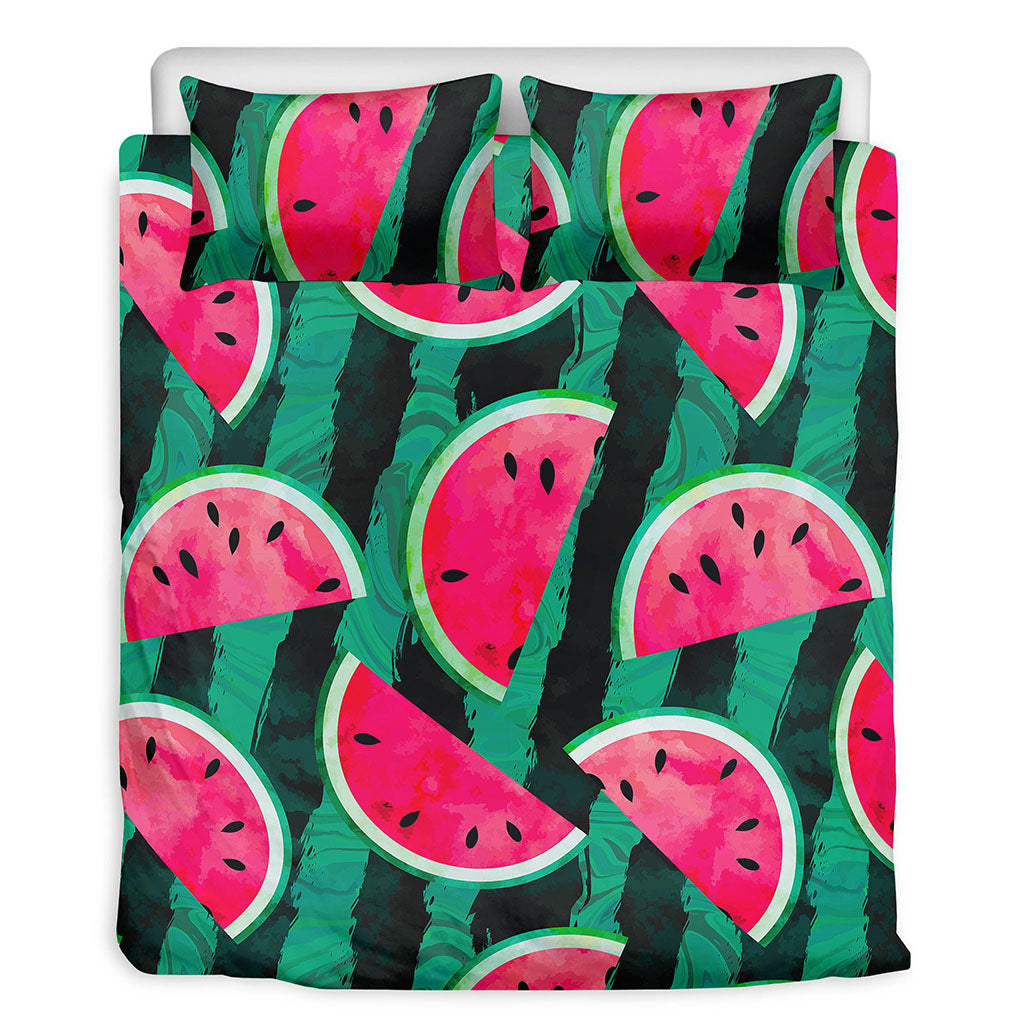 Green Striped Watermelon Pattern Print Duvet Cover Bedding Set