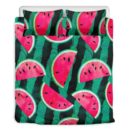 Green Striped Watermelon Pattern Print Duvet Cover Bedding Set