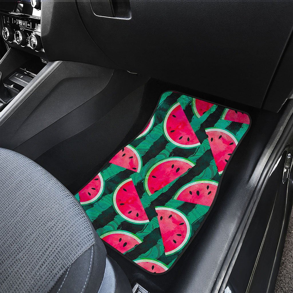 Green Striped Watermelon Pattern Print Front and Back Car Floor Mats