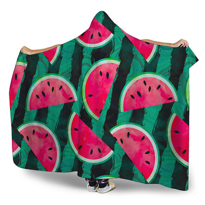 Green Striped Watermelon Pattern Print Hooded Blanket