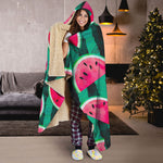 Green Striped Watermelon Pattern Print Hooded Blanket