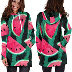Green Striped Watermelon Pattern Print Hoodie Dress GearFrost