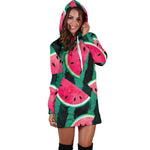 Green Striped Watermelon Pattern Print Hoodie Dress GearFrost