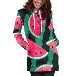 Green Striped Watermelon Pattern Print Hoodie Dress GearFrost
