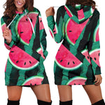 Green Striped Watermelon Pattern Print Hoodie Dress GearFrost