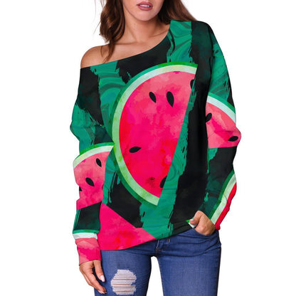 Green Striped Watermelon Pattern Print Off Shoulder Sweatshirt GearFrost