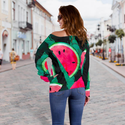Green Striped Watermelon Pattern Print Off Shoulder Sweatshirt GearFrost