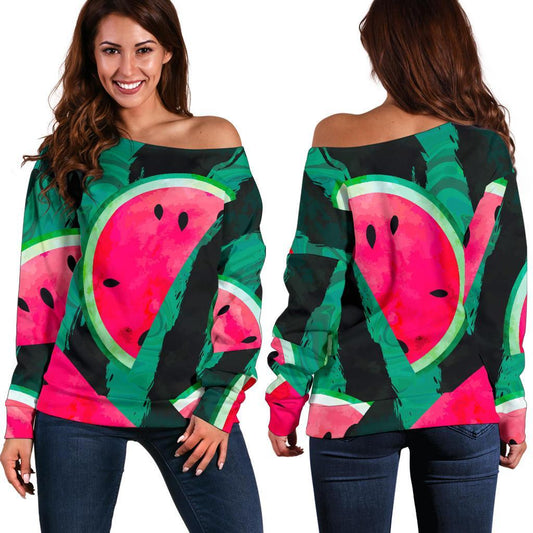 Green Striped Watermelon Pattern Print Off Shoulder Sweatshirt GearFrost