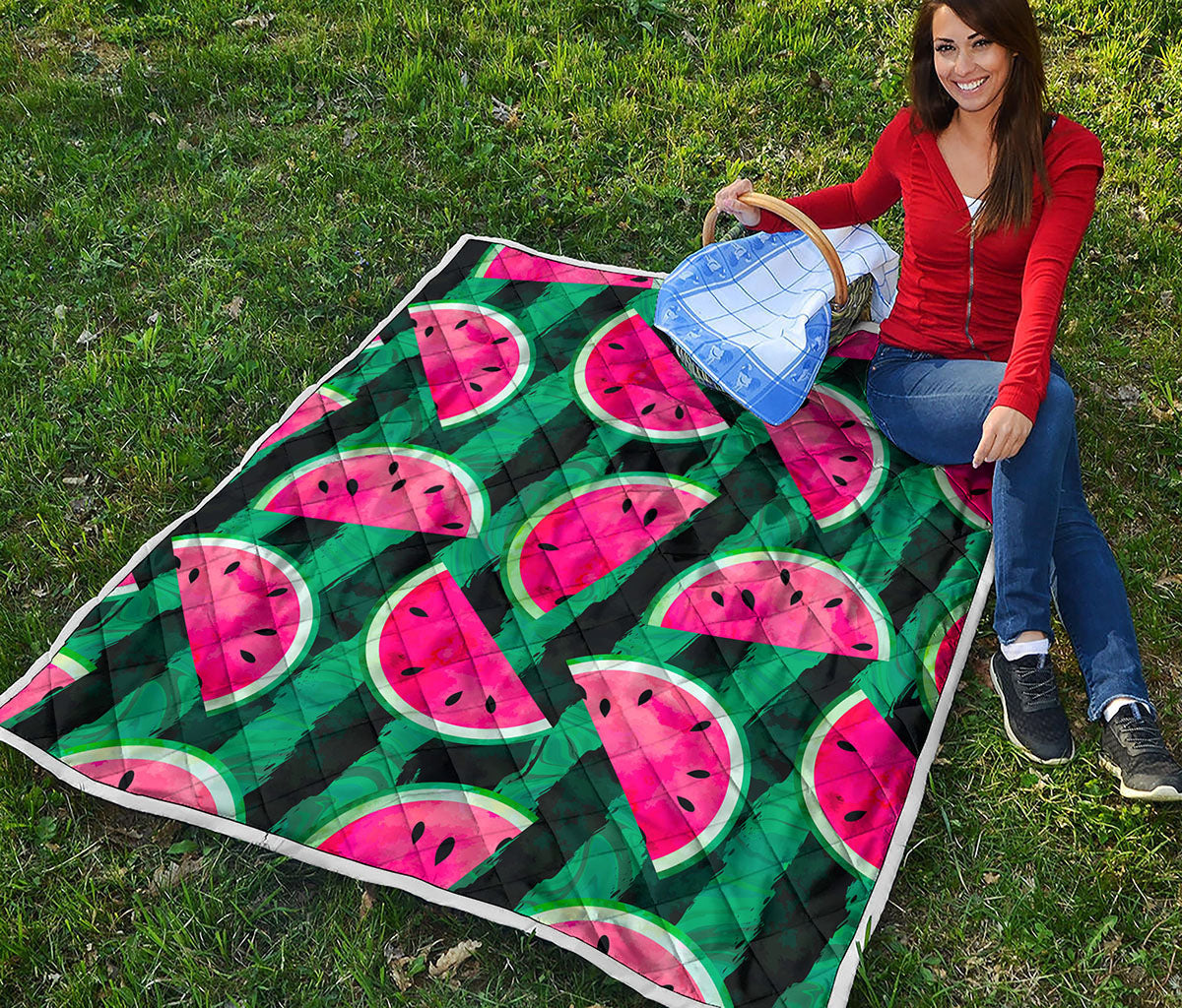Green Striped Watermelon Pattern Print Quilt