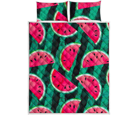 Green Striped Watermelon Pattern Print Quilt Bed Set