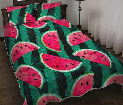 Green Striped Watermelon Pattern Print Quilt Bed Set
