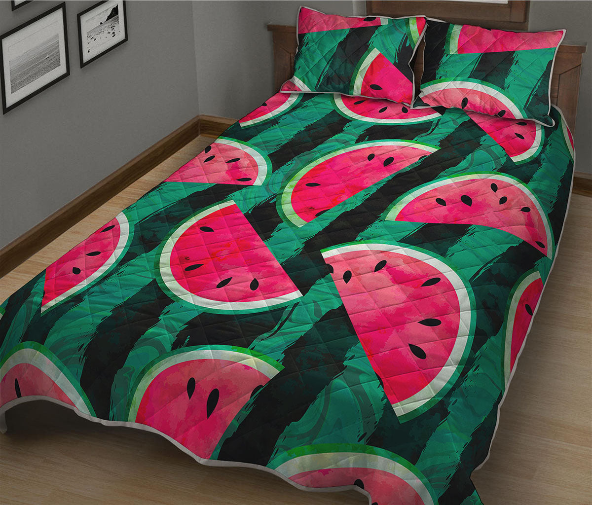 Green Striped Watermelon Pattern Print Quilt Bed Set
