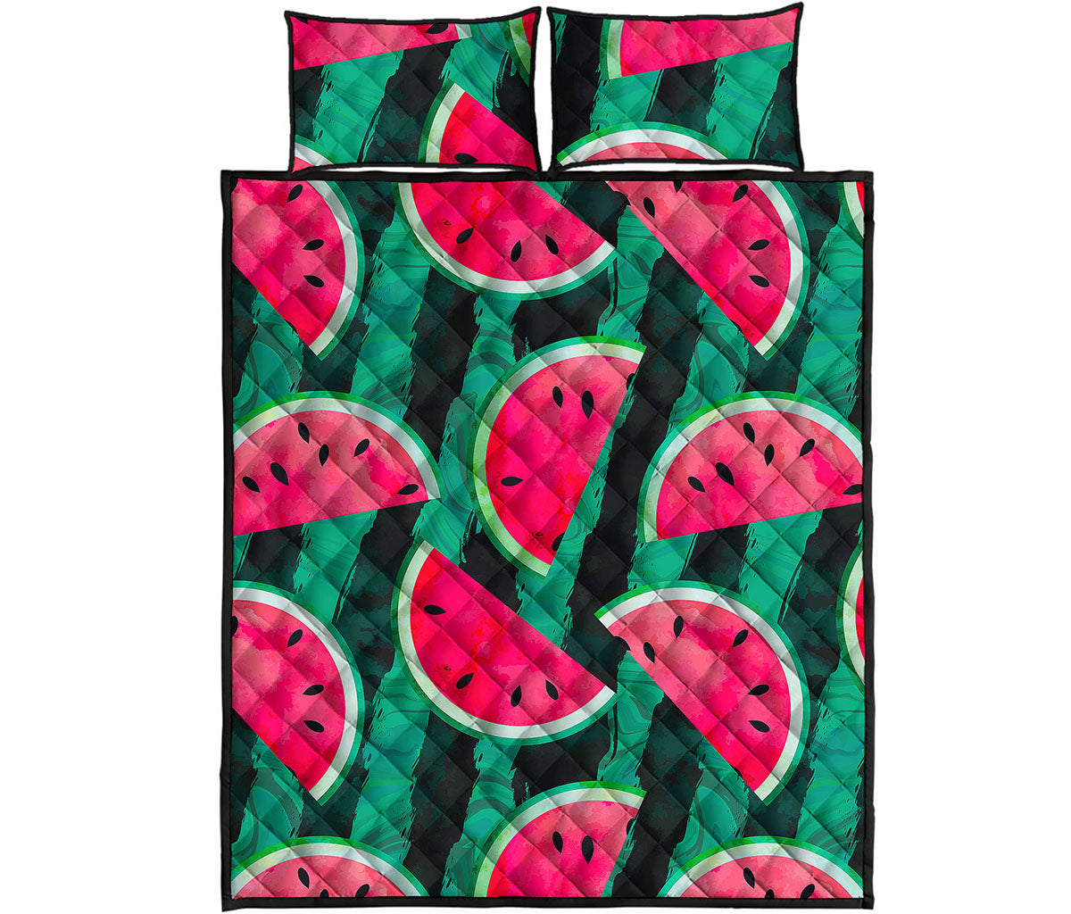 Green Striped Watermelon Pattern Print Quilt Bed Set