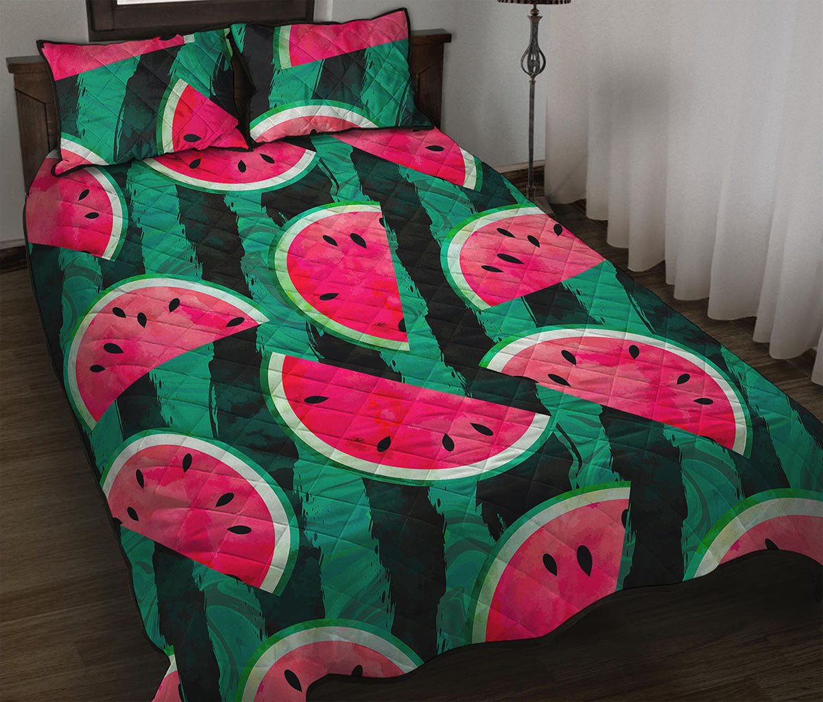 Green Striped Watermelon Pattern Print Quilt Bed Set